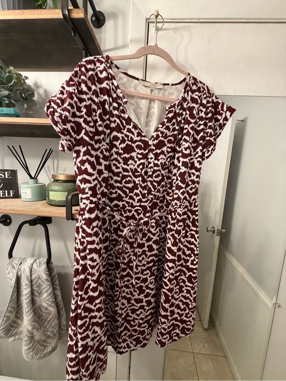 LOFT Burgundy and White Patterned Wrap-Style Dress